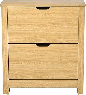 HOMCOM Narrow Shoe Cabinet, Space Saving Shoe Storage Cabinet with 2 Flip Drawers and Adjustable Shelves for 12 Pairs of Shoes for Hallways and Living Room, Natural Wood Finish