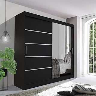 Stylish Bedroom Sliding Wardrobe- Ample Storage Space and Sleek Design comes in White/Grey/Black/Oak and Width 120cm/150cm/180cm/203cm/250cm (Black, 150cm)