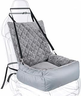 Dog Car Booster Seat for Small Dogs, Black Plush & Cosy Pet Travel Bed with Storage Pocket, Washable & Scratch Proof Pet Car Bed for Back and Front Seat, Comes with a Safety Leash, Grey