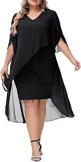 Women's Plus Size Chiffon Cocktail Dress V-Neck Cape Evening Dress with Overlay