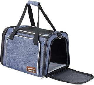 Cat Carrier Bag in Denim Fabric, ENSOBO Pet Transport Bag for Cats and Small Dogs, TSA Approved Pet Travel Carrier with Two Bigger Side Bags, Shoulder Strap for Carrying, Denim Blue