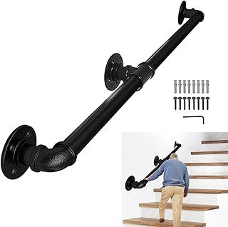 Stair Handrail for Indoor & Outdoor, 2 Meter/200cm Black Banister Staircase for Steps, 3.2cm Diameter Wrought Iron Pipe Handrail Wall Mount Balustrades Grab Bars for Stair Railing Support