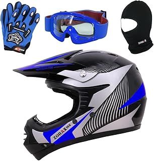 Zorax ZOR-X19 Blue L (53-54cm) Predator Kids Motorbike Motocross MX Helmet ECE 2206 & Gloves L (7cm) & Goggles & Balaclava