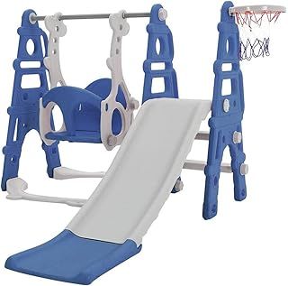 Kids Slide, Large 4 in 1 Toddler Slide, Climber & Swing Set with Basketball Hoop, Garden Climbing Frames, Slide for Children Age 1-3 Indoor & Outdoor, for Kids (Blue)