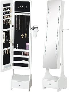 HOMCOM Jewellery Cabinet, Full Length Mirror with Storage, Free Standing Mirror with LED Lights, Hooks, Drawer and Hairdryer Holder for Bedroom, White