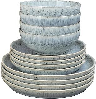 Denby - Halo Speckle Coupe Dinner Set For 4 - 12 Piece Ceramic Tableware - Dishwasher Microwave Safe Stoneware Crockery - Reactive Glaze, Grey - 4 x Dinner Plate, 4 x Medium Plate, 4 x Cereal Bowl