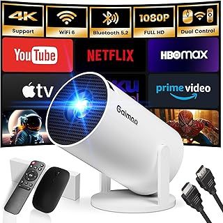 2025 Mini Projector 1080P FHD 4K Support Smart Projector with Mouse Portable WiFi 6, Bluetooth 5.2 180° Adjustable Auto Keystone HDMI/TV Stick/USB/PS5/Laptop, with HDMI Cable & Mouse,White