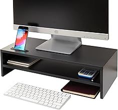 Ttap Black Wooden Monitor Two Shelf Stand Computer Laptop TV Screen Riser Desk Organiser 54cm L x 24.5cm D x 14.4cm H (with Smartphone holder)