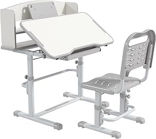 Kids Desk and Chair Set, Height Adjustable Children School Study Table with Drawer, Bookshelf, Adjustable Angle Tabletop, Non-slip Mat, for Ages 6-12 Years - Grey