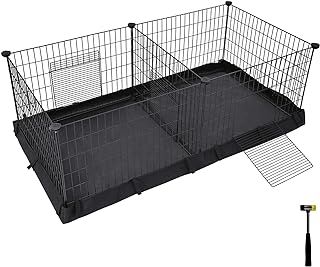 SONGMICS Guinea Pig Cage, Small Animal Cage, Outdoor Cage, with Divider, 2 Separate Areas, with Fabric Floor, 3 Doors, 123 x 63 x 46 cm, Black LPI07H