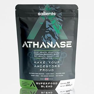ATHANASE® | Men's Super Greens Powder | Superfood Powder Blend | Includes Maca Root, Guarana, Ashwagandha, Lions Mane, Shilajit, Fenugreek & More | 250g & 50 Servings | UK