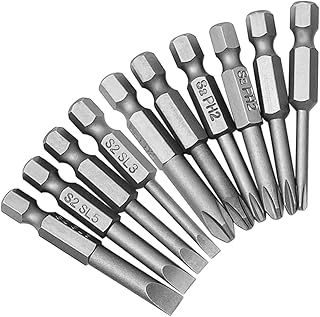 10Pcs Magnetic Screwdriver Bit Sets 1/4 Inch Hex Shank Flat Slotted + Phillips Cross Head Screw Driver S2 Steel Drive Drill Bits for Electric Screwdrivers (2 inch/50mm Length)