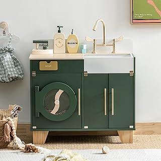 ROBUD Toy Washing Machine Play Kitchen Playset, Wooden Pretend Kitchen Accessories Kids Washing Machine with Sound/Iron, Realistic Wooden Toys Kids Kitchen for Toddlers Age 3-8