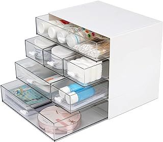 Desktop Organiser with 7 Drawers, Stackable Storage Box on Desk, Small Plastic Storage Unit with Drawers for Home Collection, Makeup, Office Supplies (4 Flat Layers, White)