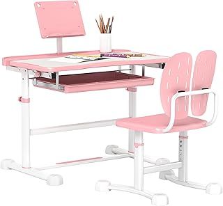 Kids Desk and Chair Set, Height Adjustable School Study Table Chair Set with Tilted Desktop, Storage Drawer, Book Stand, for Writing Reading, kids Aged 3-12 Years, Pink