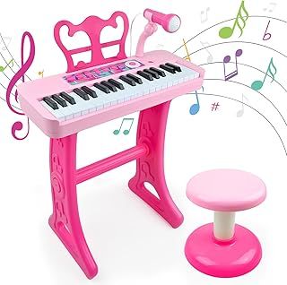 Love&Mini Kids Piano Keyboard - 37 Keys Best Music Instrument Toy,Pink Piano Keyboard with Stool and Microphone,Portable Electronic Piano for Beginner,Christmas Birthday Gift Age 3+ Girls