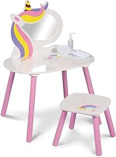 Unicorn Themed Table Set Children Vanity Table Enchanting Dressing Set with Mirror and Stool Transform Kids Bedroom