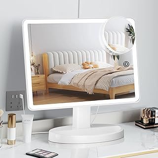 FUNTOUCH Large Lighted Makeup Mirror with Lights, 3 Color Lighting Modes Light up Mirror with 88 LED, 10X Magnification and 360°Rotation,Dual Power Supply, Touch Screen Tabletop Vanity Make Up Mirrors