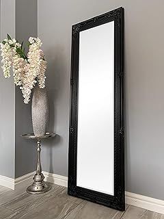 Black Tall Ornate Dressing Wall Mirror with Bevelled Glass - Overall Size: 142cm x 47cm