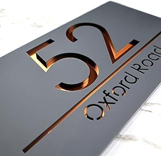 K Smart | Bellisima H3 F31 Number Signs Personalised House Laser Cut 3d Door Street Address Grey Plaque | 300mm x 160mm (Matt Dark Gray & Copper Mirror)