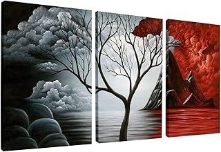 Wieco Art - The Cloud Tree Large 3 Panels Modern Stretched and Framed Giclee Canvas Prints Abstract Seascape Paintings Reproduction Sea Beach Pictures on Canvas Wall Art for Bedroom Home Decorations
