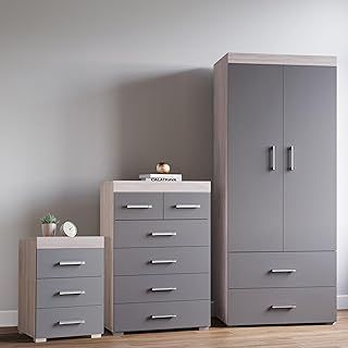 Grey & Grey Oak 3 Piece Bedroom Furniture Set, 3 Drawer Chest, 4+2 Drawer Chest, 2 Door Wardrobe, Complete Bedroom Ensemble, Ideal for Bedroom Organisation, Room Storage, Elegant Decor