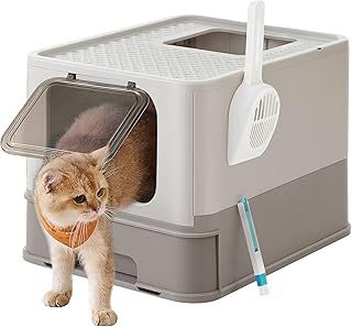 FEANDREA Cat Litter Box with Lid, Covered Litter Box with Top Entry, Slide-Out Tray, Scoop, Brush, for Large Cat, Max. Load 33 lb, Anti-Tracking, Anti-Leaking, Oatmeal and Warm Gray PPT001G01