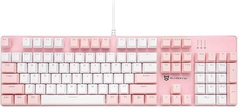 Qisan Mechanical Gaming Keyboard Wired White Backlit Keyboard Brown Switches Full Size 104 Keys US Layout-Pink and White