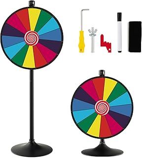 COSTWAY 24" Color Prize Wheel, 2 in 1 Height Adjustable Roulette Spinning Game with 14 Slots, Dry Erase Marker and Eraser, Fortune Spinner for Party Carnival Tradeshow