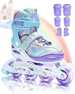 Sportneer Inline Roller Skates, Roller Boots Adjustable Size 11-7 with Illuminating Wheels Roller Blades Protective Gear Set for Gilrs Women