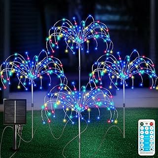 Solar Garden Lights Outdoor 4 Pcs Solar Fireworks Lights Garden Ornaments with Remote Control 8 Modes 420 LEDs Waterproof Outdoor Light Decorations for Lawn Backyard Pathway Christmas