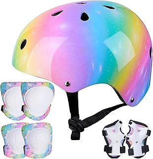 Kids Bike Helmet Age 3-8 Years,Kids Helmet and Pads Set Adjustable Knee Pads Elbow Pads Wrist Guards Toddler Helmet for Scooter Cycling Roller Skating Girls