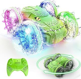DEERC Amphibious Remote Control Truck with LED Lights, 4WD Monster Truck for Boys, Crocodile RC Stunt Car, 2.4GHz All Terrain Off-Road RC Toys, Waterproof Pool Toy for Kids