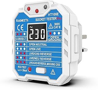 KAIWEETS HT106E Socket Tester UK, RCD Plug Socket Tester Electrical Voltage Tester with LCD Display for Neutral/Live/EarthWire/RCD Testing, CAT II 300V, Includes 7 Visual Indications and Wiring Legend
