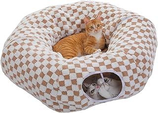 Plush Cat Tunnel for Indoor Cats, 2 in 1 Donut Circle Shape Cat Tunnel & Cat Bed Diameter 85 cm Brown