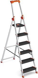 SONGMICS Step Ladder, 3-Step Folding Ladder with 12 cm Wide Steps, with Tool Tray and Anti-Slip Feet, Max. Static Load 150 kg, Black and Orange GLT03BK