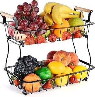 ANTOPY 2 Tier Countertop Fruit Basket for Kitchen Vegetable Fruits Basket Bowl Stand Metal Rectangle Wire Basket Storage Holder for Fruits Veggies Bread Snacks Kitchen Organizer, Black
