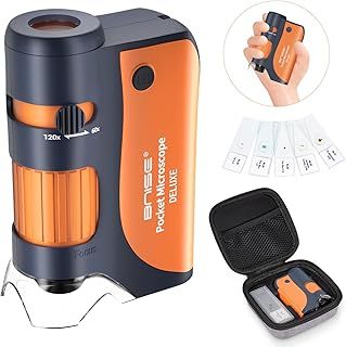 BNISE Pocket Microscope, Portable Miniscope Kids 60X-120X, Handheld Mini Miniscope with LED Lights with Carring Case and 5pcs Microscope Slides for Lab Study, Educational Kit