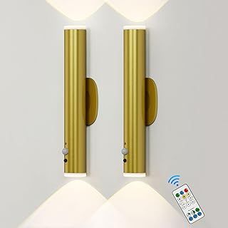 Gold Battery Operated Wall Lights with Motion Sensor, Rechargeable Wall Lamp Indoor, Dimmable & 3 Colours, LED Wall Sconce Lights for Living Room Bedroom Hallway Power Cut, (Set of 2)