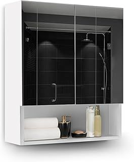 TUKAILAi 2 Doors Bathroom Mirror Cabinet, White Wall Mounted Cabinet with Open Shelf Double Mirrors Storage Cabinet for Bathroom Washroom