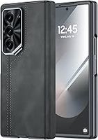 CENMASO for Samsung Galaxy Z Fold 6 Case, Z Fold 6 Case with Hinge Protection & Screen Protector, Leather Phone Case for Galaxy Z Fold 6 (Black, Fold 6 Case with Kickstand)