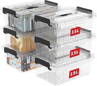 15L*6 Storage Boxes, Carry Plastic Storage Box with Lids, Organizing Container with Handle and Secure Latching Buckles, Stackable, Nestable, Tote Bin for Home Office Clothes, 15L-6Pack, Clear