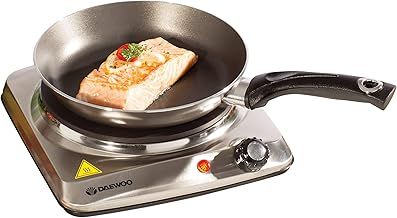 Daewoo Stainless Steel Single Hot Plate - Portable & Compact - Cast Iron Heating Element - On/Off Indicator Lights - Non-Slip Feet - Durable Stainless Steel Housing - Black/Silver