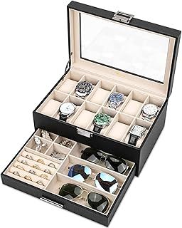 Voova Watch Boxes Organiser Jewellery Box for Men Women,2 Layer Large 12 Slot PU Leather Watch Storage Case, Glass Top Jewelry Display Holder for Watches Sunglasses Rings Necklaces Bracelets,Black