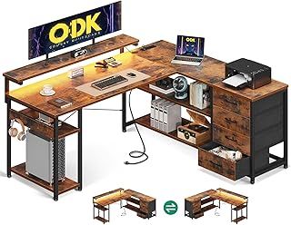 ODK Corner Desk with Drawers, L Shaped Gaming Desk with LED Lights & Power Outlets, Reversible Computer Desks for Home Office Workstation, Office Desks with Monitor Shelf, 135×110 cm, Vintage