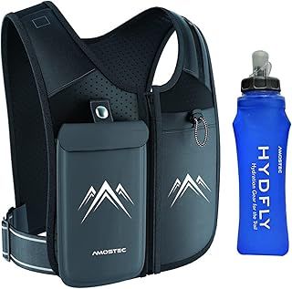 Running Phone Holder Vest, Original Zip Front Reflective Running Vests with 500ml Hydration Bottle, 5 Pockets for Cards, Keys, Towels, Adjustable Waistband & Breathable Materials, Men & Women
