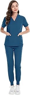 MEDSKIN Scrubs Set for Women - Stretch V-Neck Scrub Top & Jogger Trouser Pants with 8 Pockets
