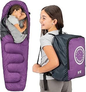 Trail Kids Sleeping Bag Mummy Shape 3 Season Camping 300gsm Boys Girls with Lightweight Rucksack Bag