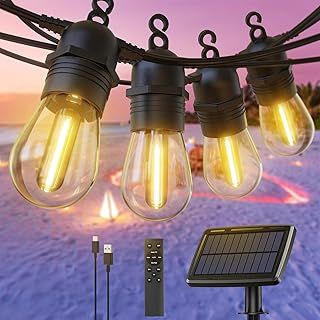 Solar Festoon Lights Outdoor, 57ft/17M S14 Dimmable Outdoor String Lights Solar Powered with Remote Control, IP65 Waterproof Outside Solar Lights with 4 Modes & Timer for Garden Patio Gazebo
