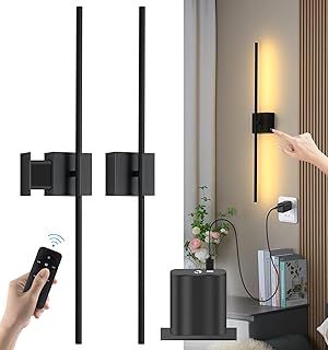 Battery Operated Wall Lights Indoor, USB Rechargeable LED Wall Lamp with Remote Control, Dimmable Touch Wall Light Wireless, Black 80CM 350° Rotation Modern Wall Sconce for Living Room Bedroom, 2 Pack